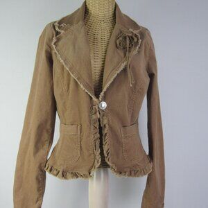 Vtg Paris Blues Women L Beige Fine Cotton Corduroy LS Blazer Jacket Rosette Y2K